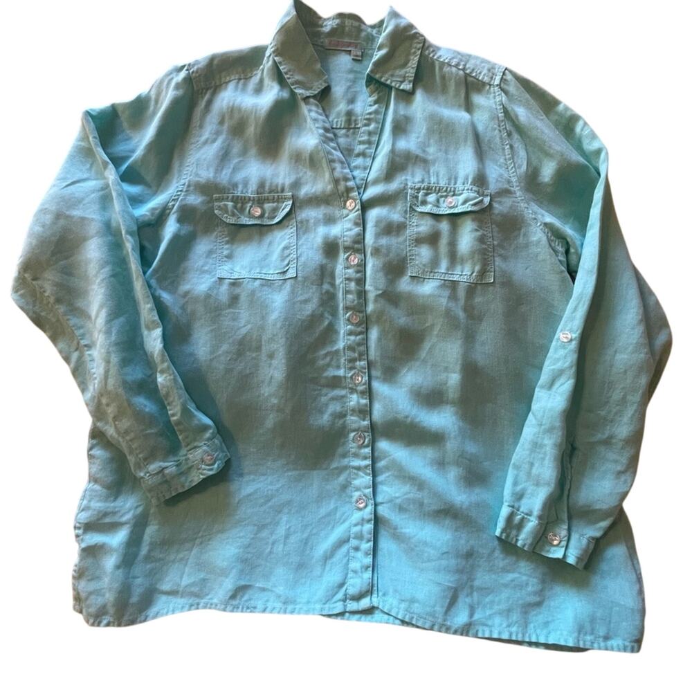 Fresh Produce 100% Linen Button Up Long Sleeved Boho Safari Top Blue Size Large